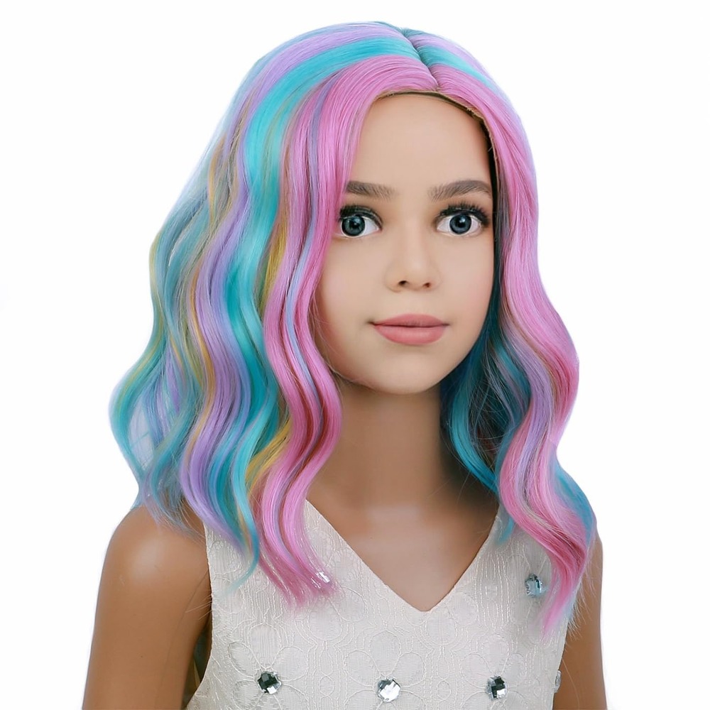NWT Rainbow Pastel Wavy Synthetic Wig Pink Blue Yellow Shoulder Length Cosplay